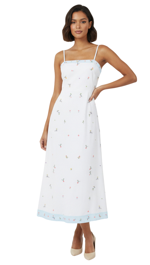 Woman wearing a white dress with floral embroidery on a white background
