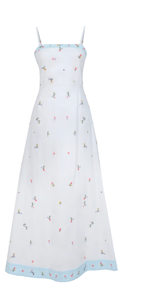 White dress with colorful floral pattern on a white background