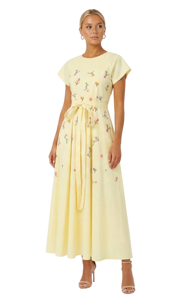 Woman wearing a light yellow dress with floral embroidery on a white background