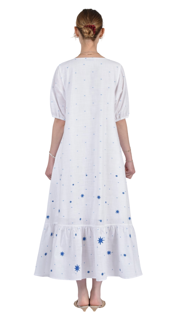 White dress with blue floral patterns worn by a person on a white background