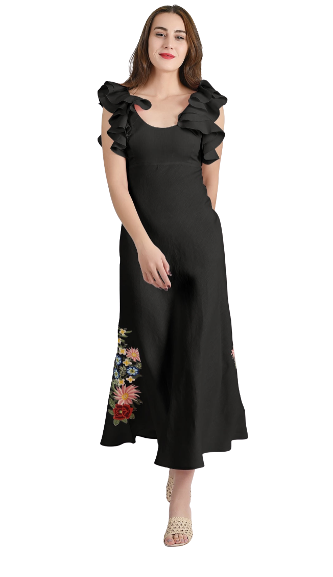 Woman wearing a black dress with floral embroidery on a white background