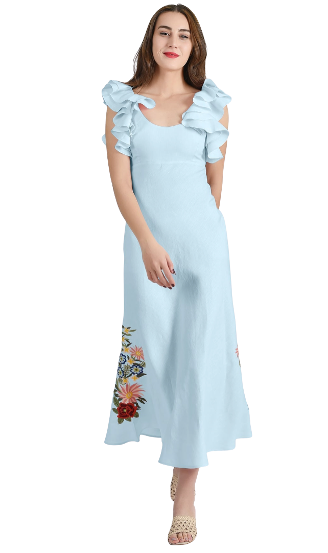 Woman wearing a light blue dress with floral embroidery on a white background