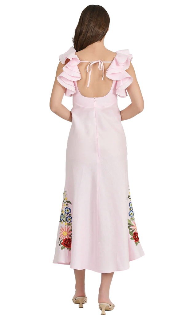 Pink dress with ruffled sleeves and floral embroidery on a white background