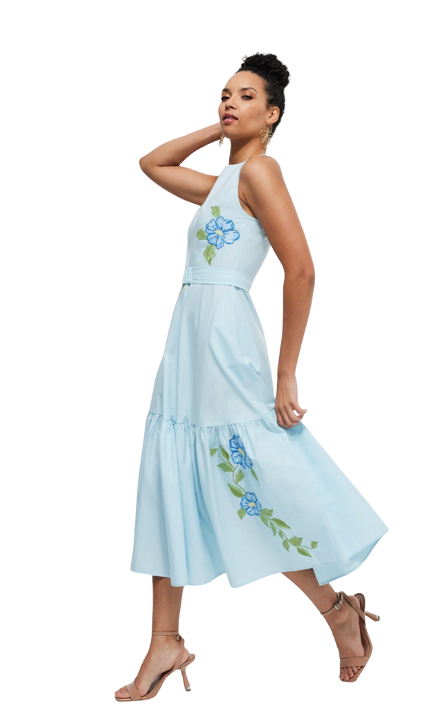 Woman wearing a light blue dress with floral embroidery on a white background