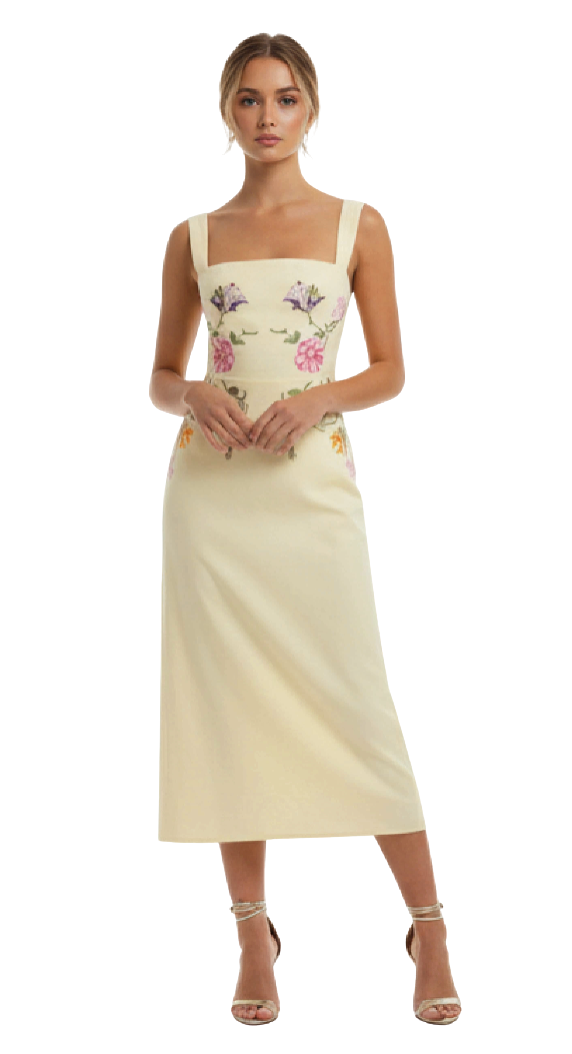 Woman wearing a cream-colored dress with floral embroidery on a white background