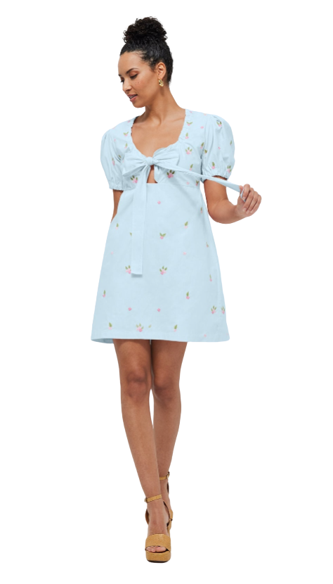 Woman wearing a light blue dress with floral patterns on a white background