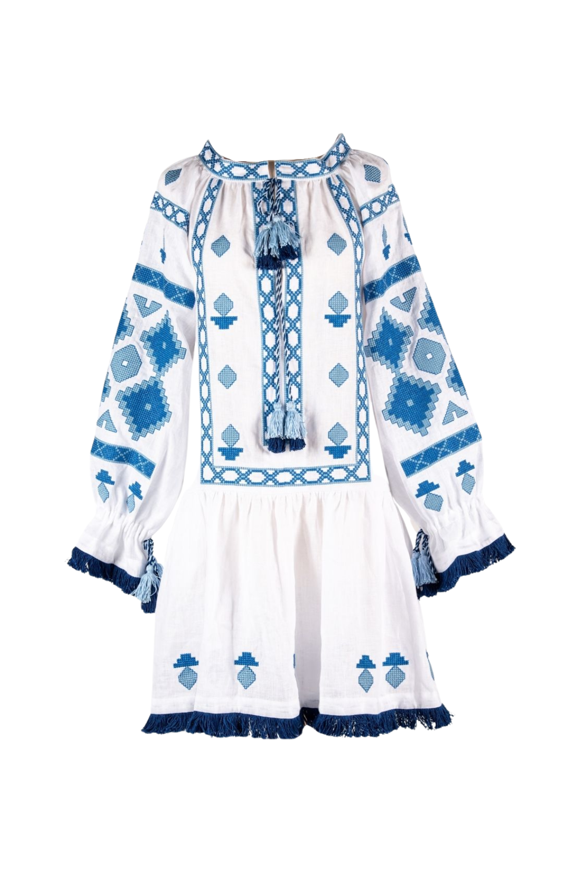 Nomeda Embroidered Ukrainian Dress - White, Blue by Larkin Lane