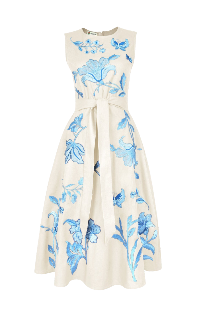 An off-white sleeveless midi dress with a matching waist tie, featuring blue floral and butterfly embroidery, shown against a plain white background.