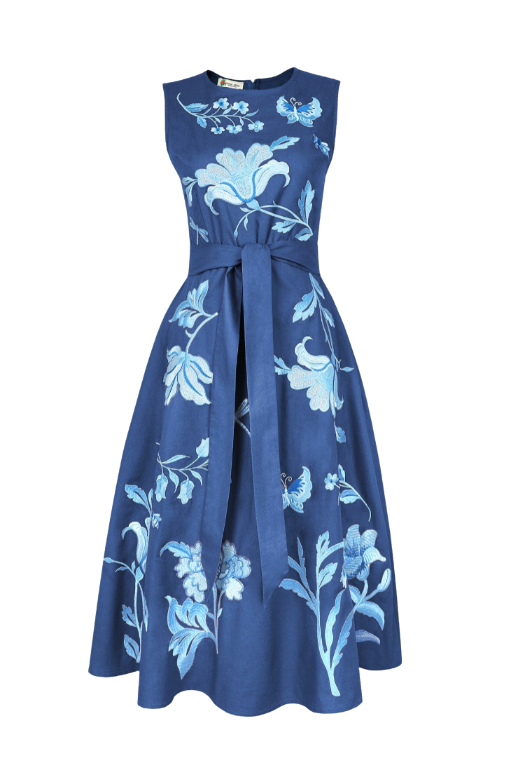 A sleeveless blue midi dress with a matching waist tie, featuring a light blue floral and butterfly pattern, shown against a plain white background.