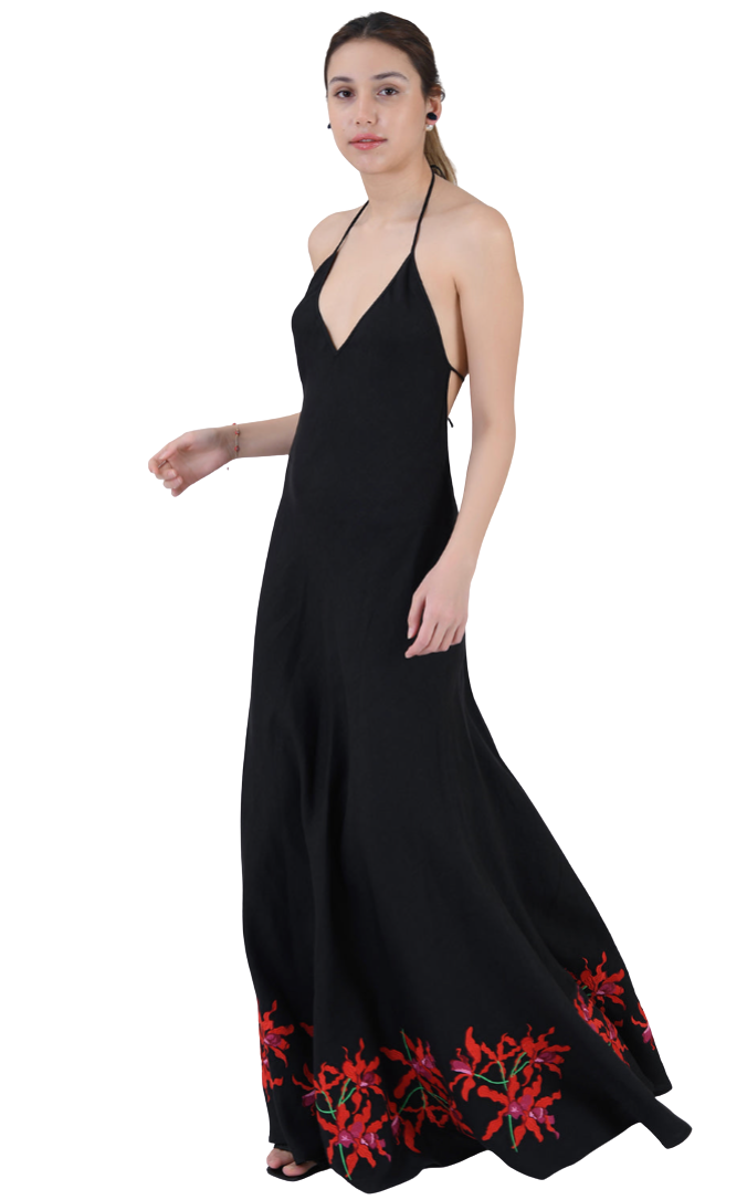 Black halter neck dress with red floral embroidery on a white background