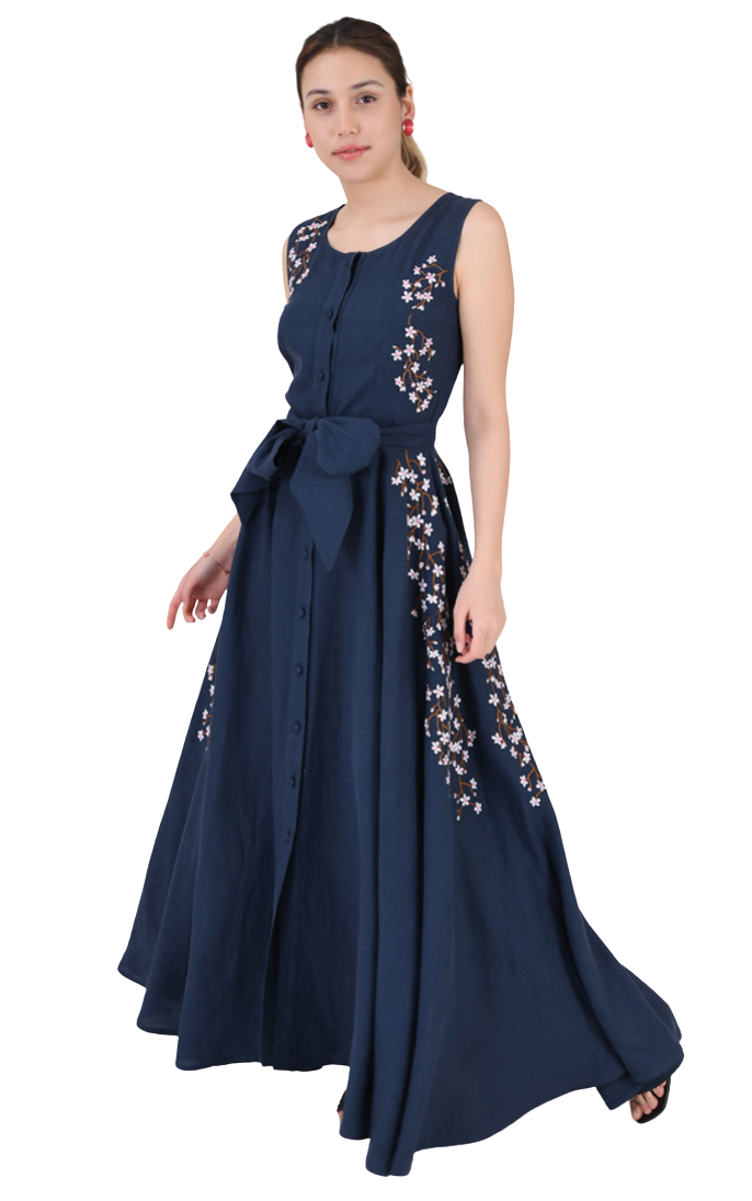 Navy blue dress with floral embroidery on a white background