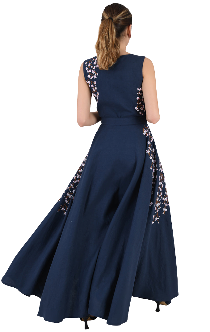 Navy blue evening gown with floral embroidery on a white background
