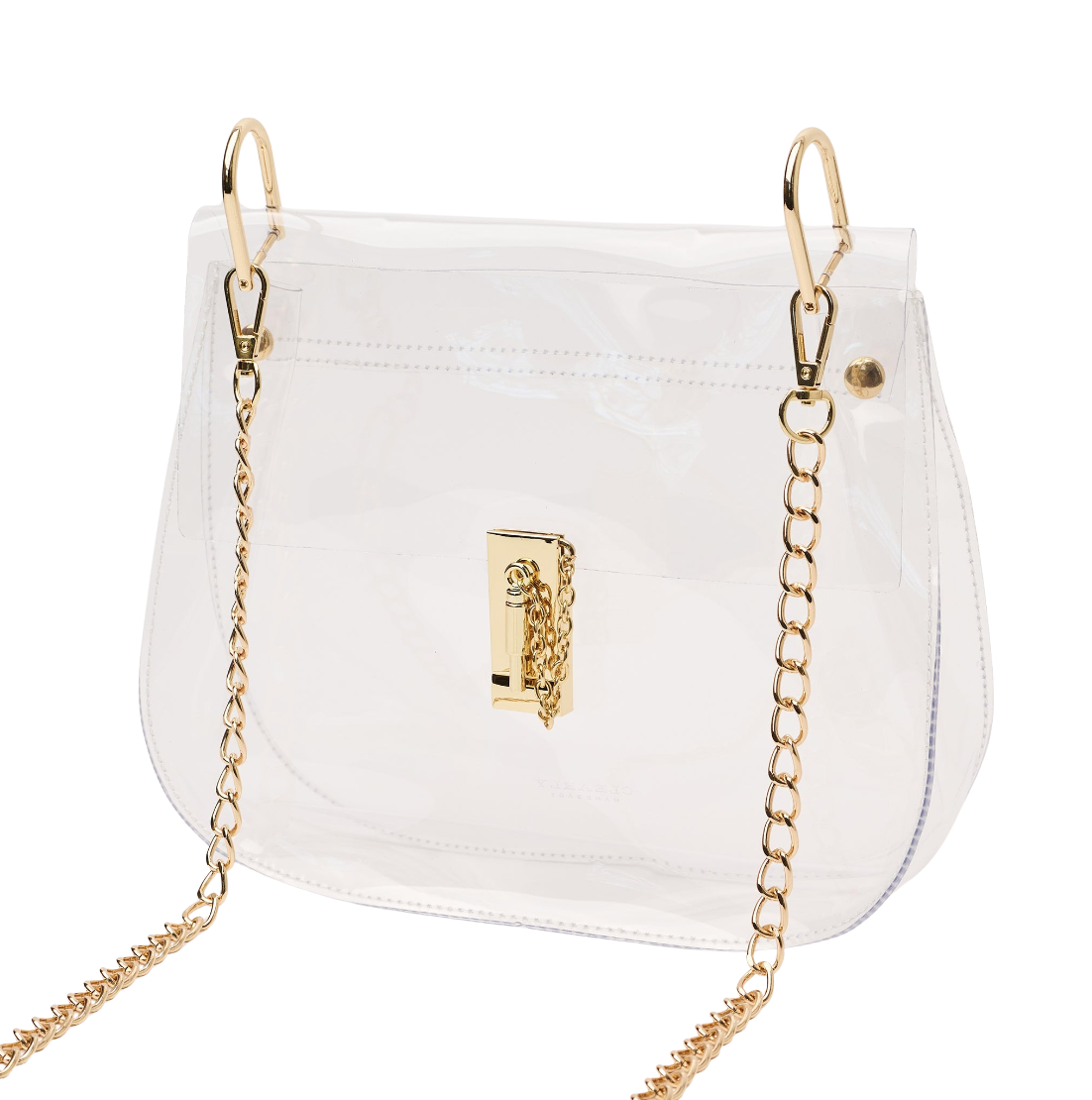 A clear vinyl shoulder bag with a gold-tone clasp and a gold chain strap, shown against a plain white background.