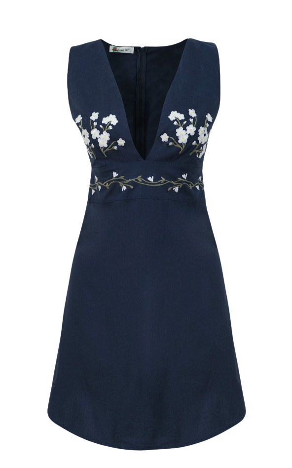 Navy blue dress with floral embroidery on a white background