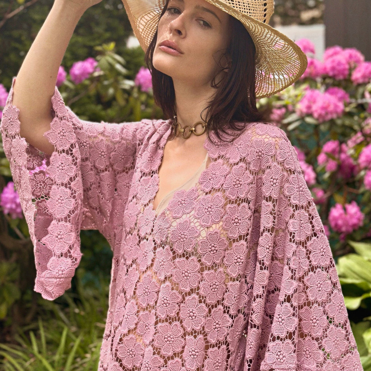 Gianina Cosmos Flower Lace Mini Caftan - Mauve by Miguelina | HerStory