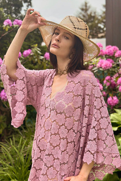 キィタღ(cocominamianoa) Gianina Cosmos Flower Lace Mini Caftan - Mauve by Miguelina | HerStory