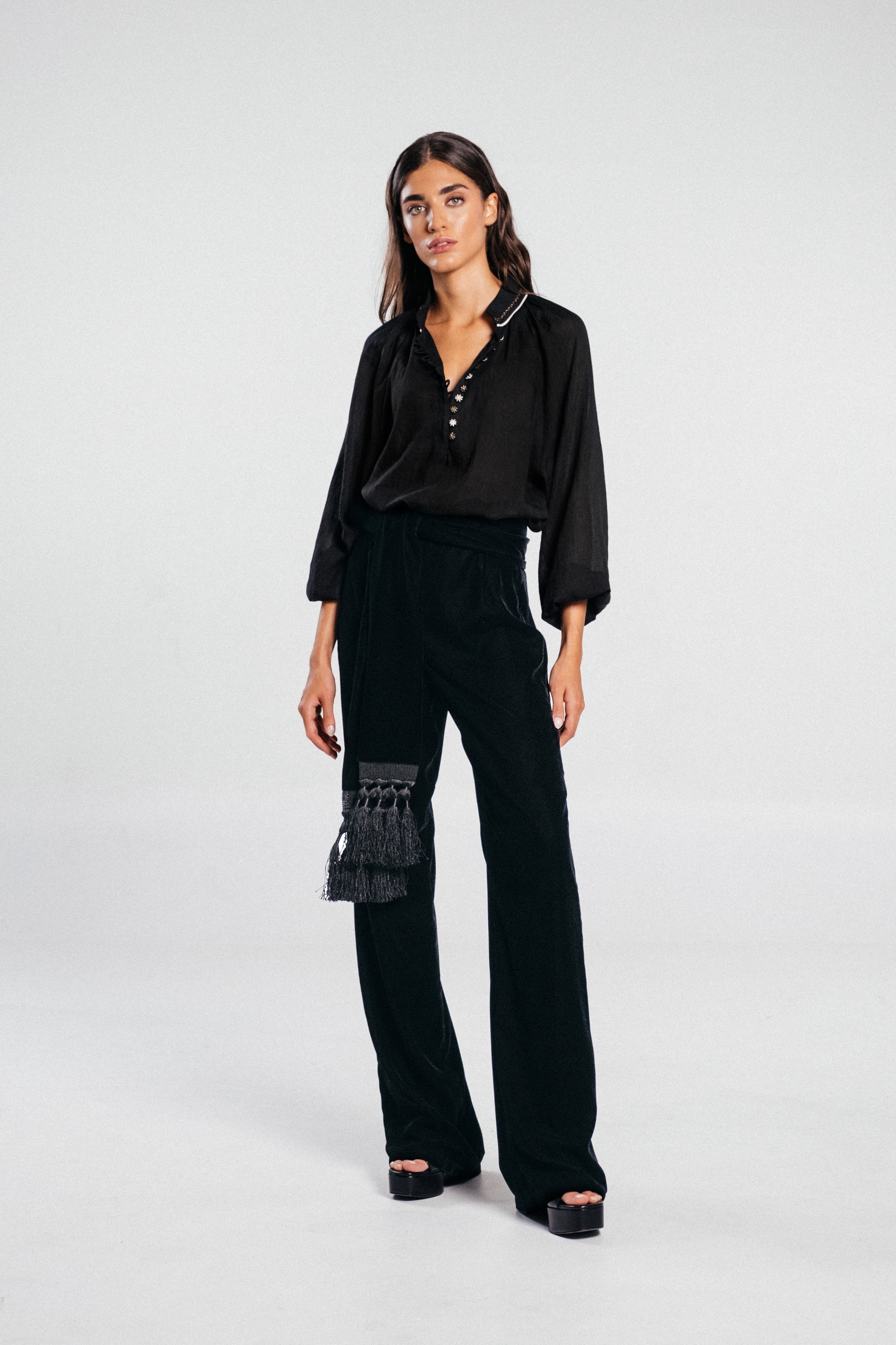 Mahtab Straight Leg Velvet Pants - Black by Rosewater House