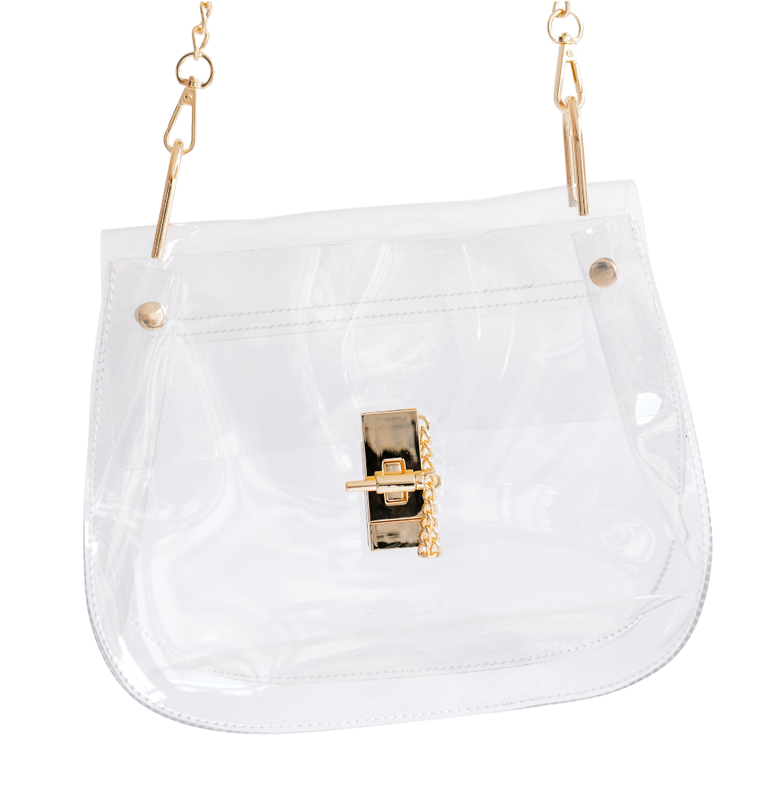A clear vinyl shoulder bag with a gold-tone turn-lock clasp and chain detail, shown on a solid white background.