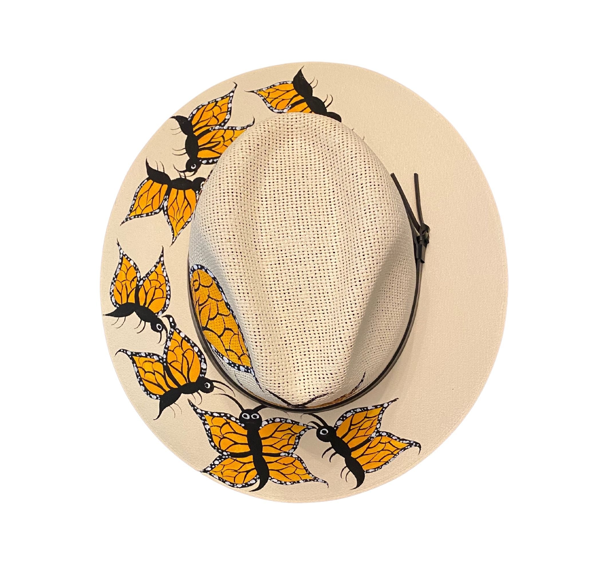 Hand-painted Hat from Mexico - Butterflies - White, Yellow, Black by Larkin Lane