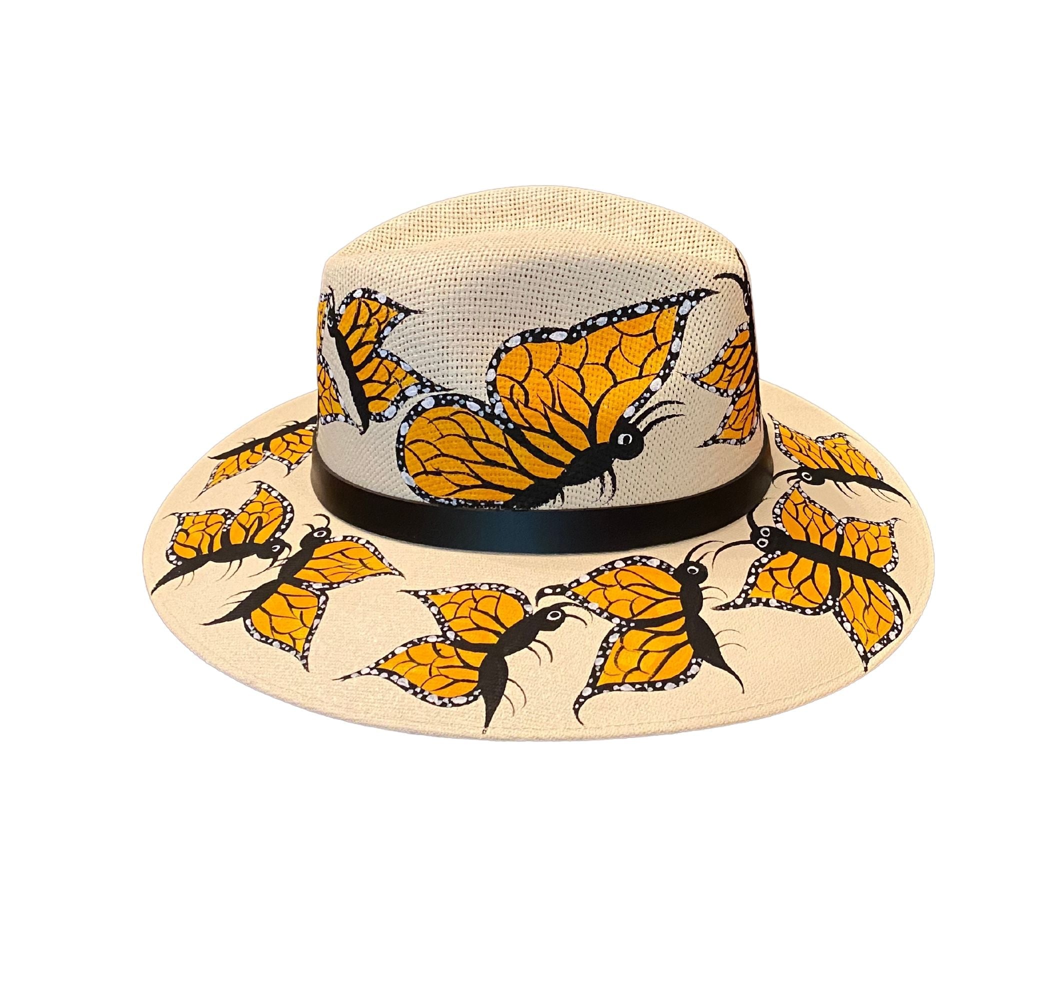 Hand-painted Hat from Mexico - Butterflies - White, Yellow, Black by Larkin Lane