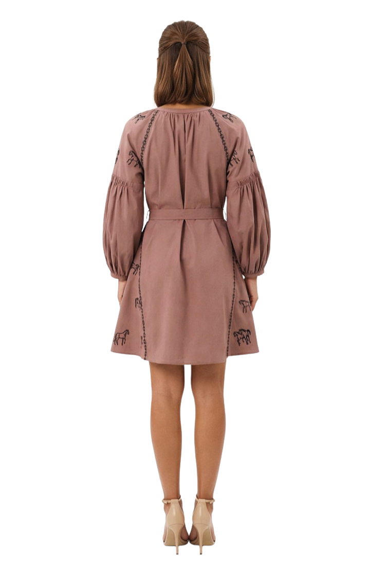 A woman viewed from behind wearing a dusty rose long-sleeve mini dress with black embroidered details and a matching tie belt at the waist, paired with beige high-heeled sandals against a plain white background.