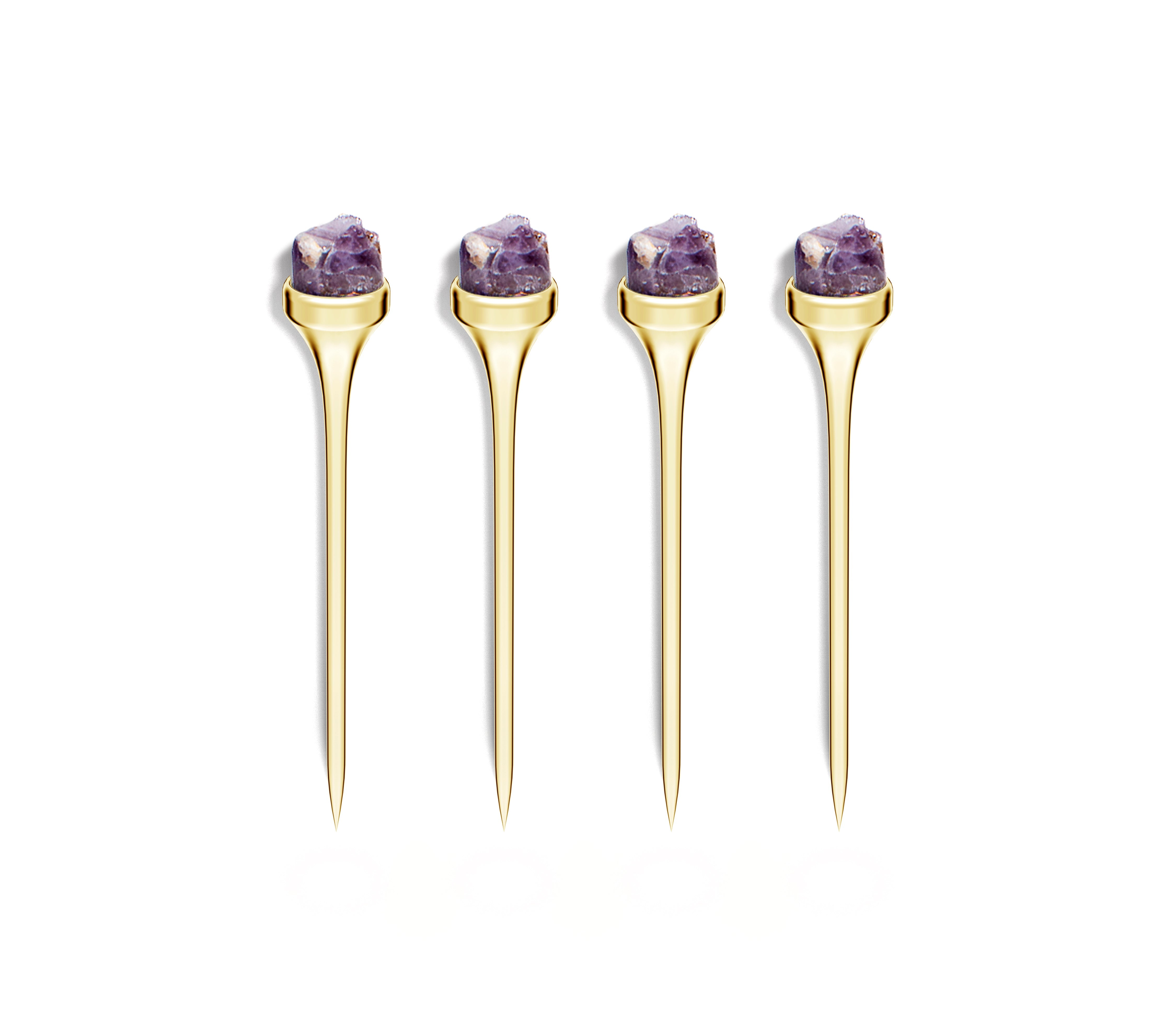Hospitality Cocktail Picks, Gold & Amethyst Druze, Set of 4 by ANNA New York