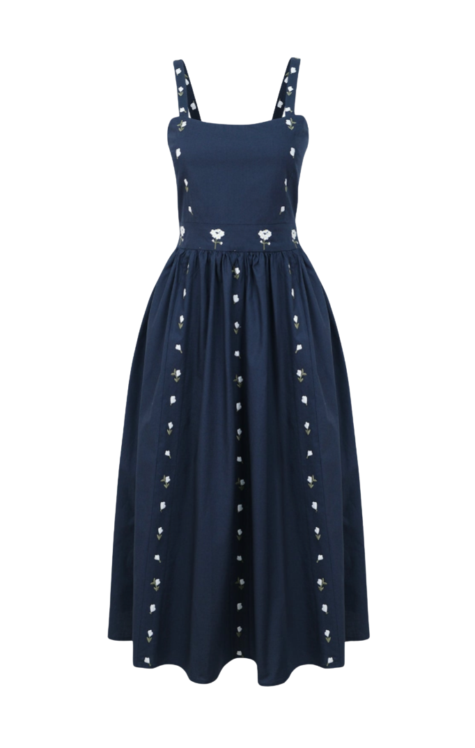 Navy blue dress with white embellishments on a white background
