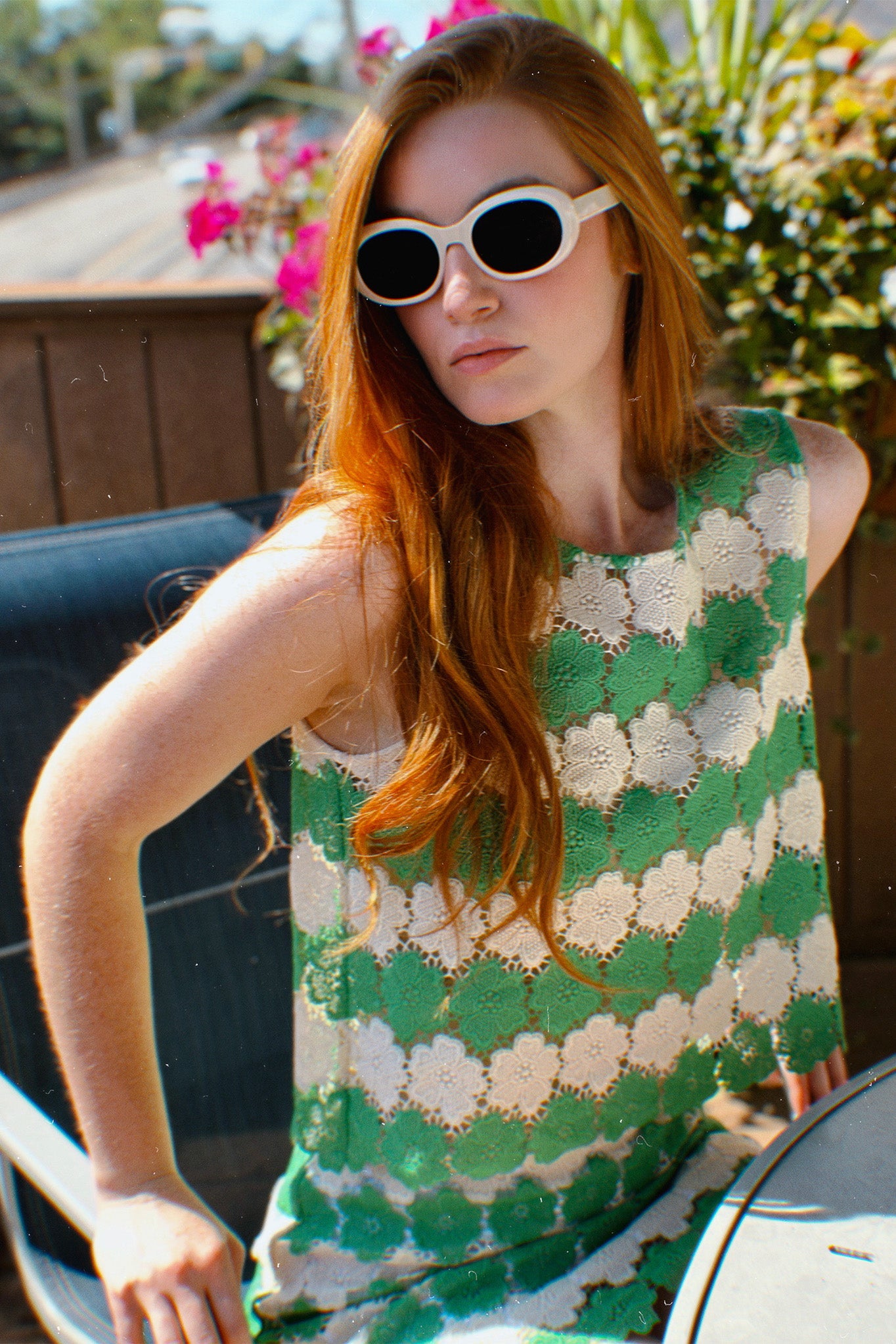 Dupree Two-Tone Cosmos Flower Lace Tie-back Top by Miguelina