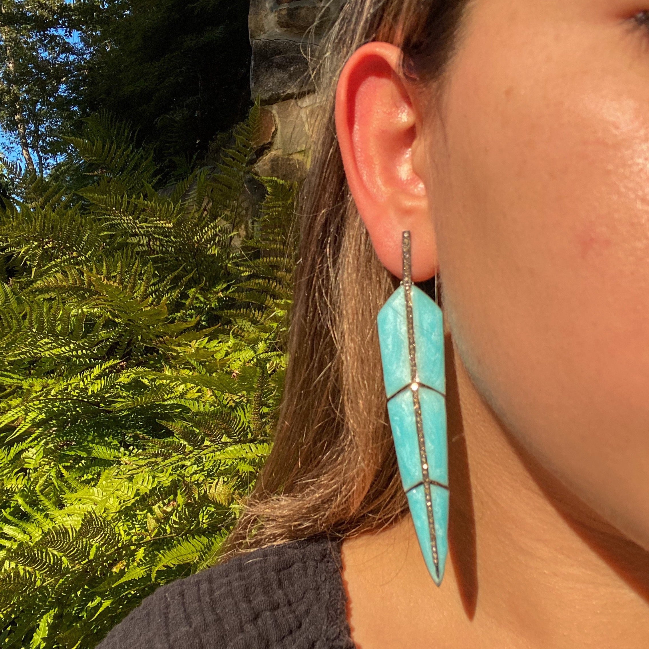 Pearl Turquoise Enamel Feather Earrings by S. Carter Designs