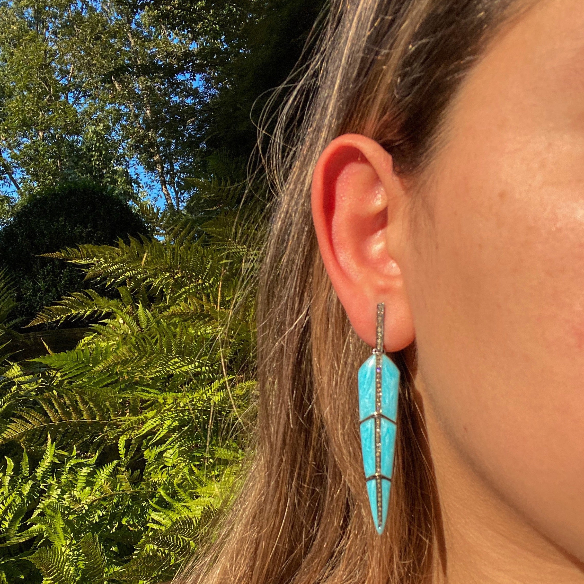 Pearl Turquoise Enamel Feather Earrings by S. Carter Designs