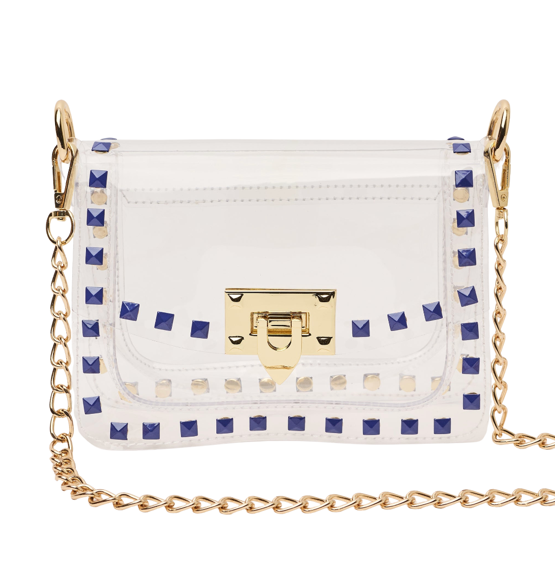 A white faux leather shoulder bag with gold-tone hardware, featuring a gold clasp, a gold chain strap, and blue and gold pyramid studs along the borders.