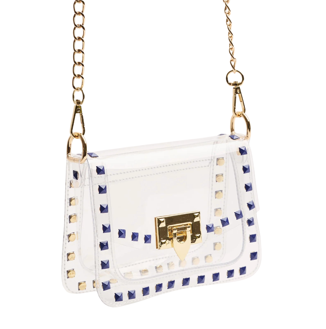 A white faux leather shoulder bag with gold chain straps, gold studs, and navy blue studs, shown on a plain white background.