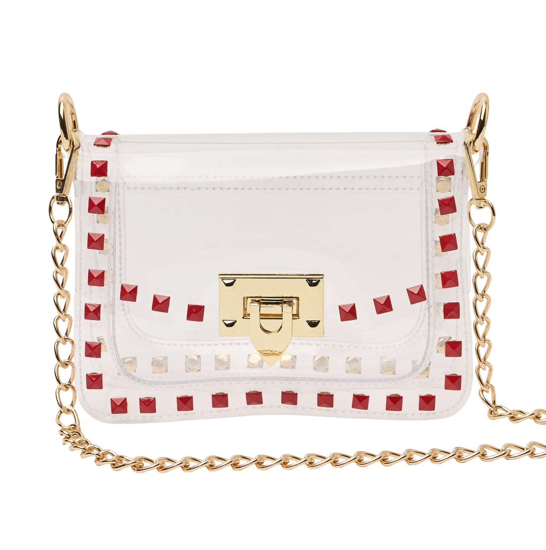 A white faux-leather crossbody bag with red and white studs along the edges, a gold-tone turn-lock clasp, and a gold chain strap, shown against a plain white background.