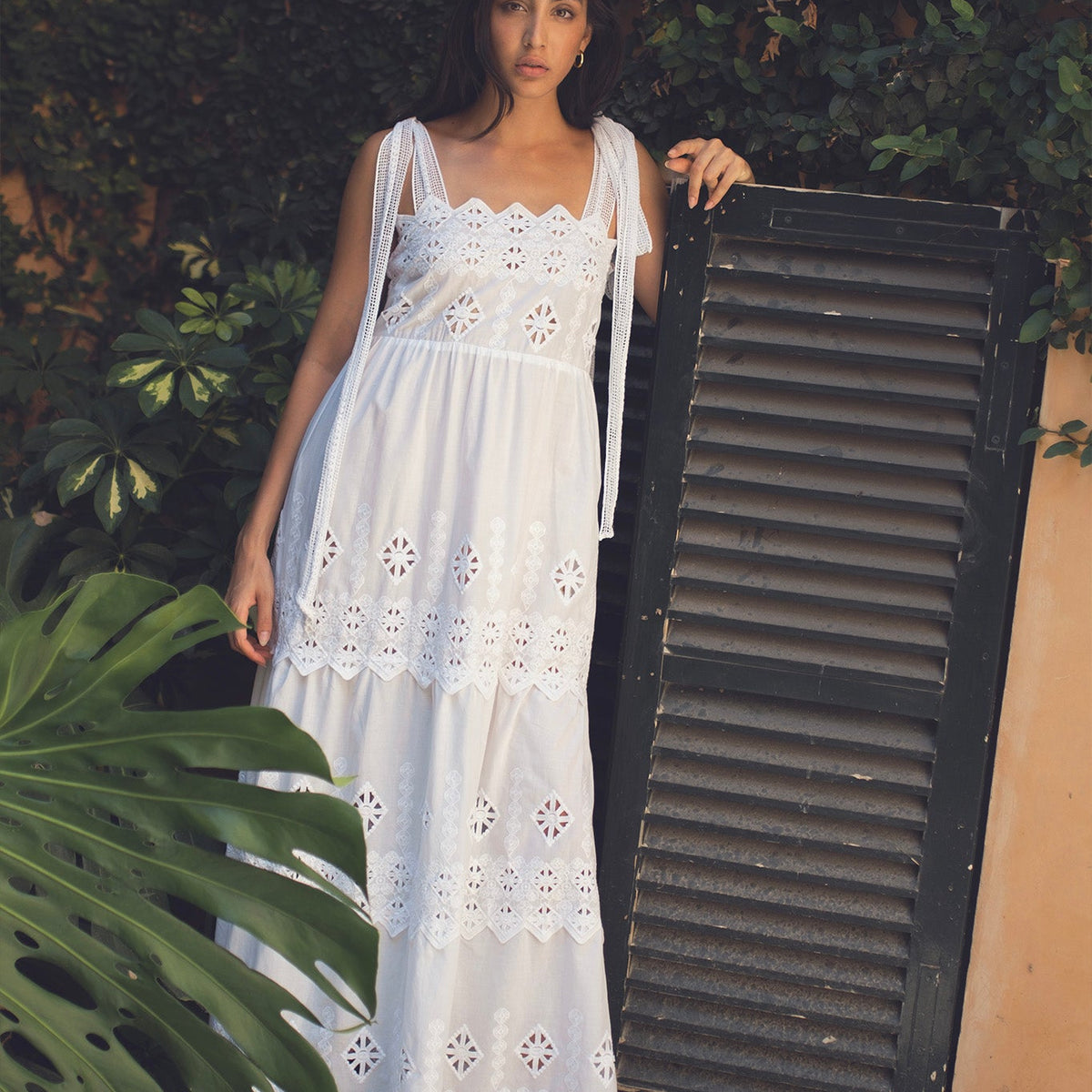 Juniper Rhombus Cotton Embroidery Dress- Pure White by Miguelina