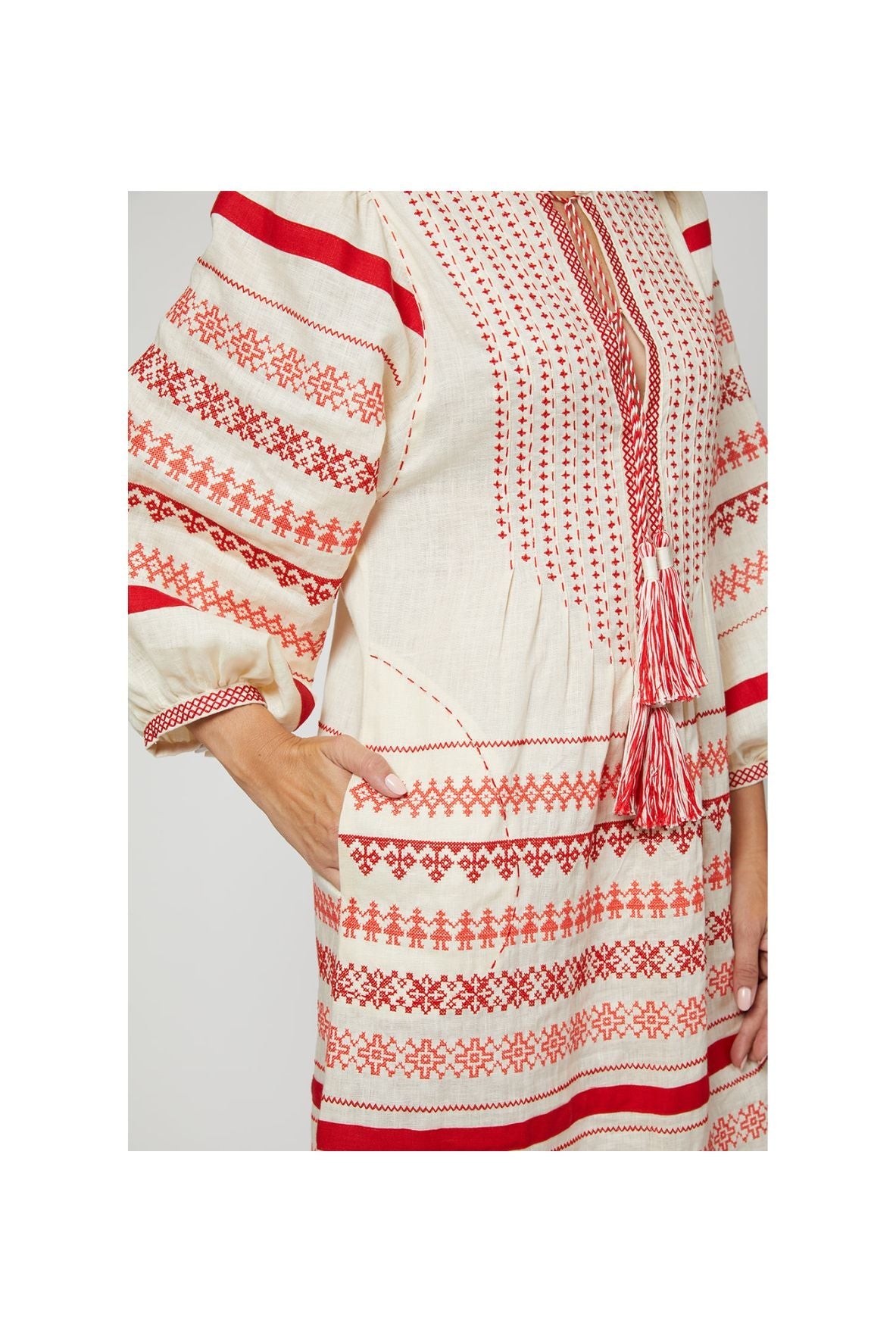Kateryna Embroidered Ukrainian Dress - Ivory, Red by Larkin Lane
