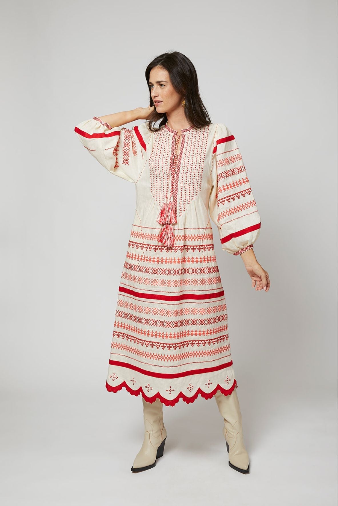 Kateryna Embroidered Ukrainian Dress - Ivory, Red by Larkin Lane
