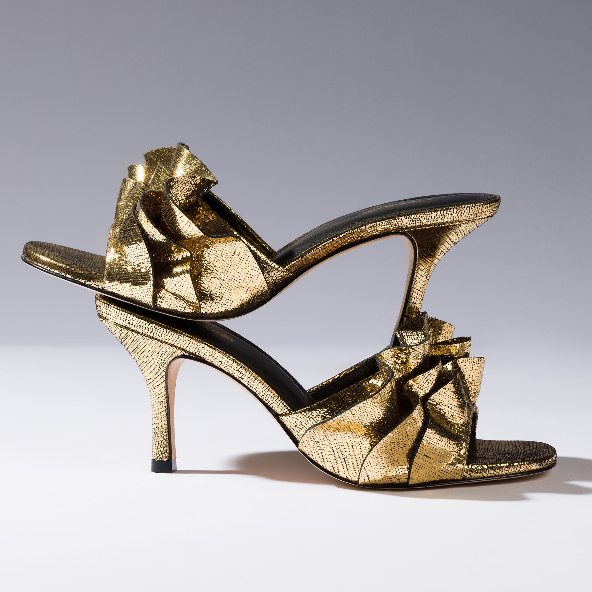 Colette Ruffle Mule In Gold Cracked Metallic Leather by Larroudé