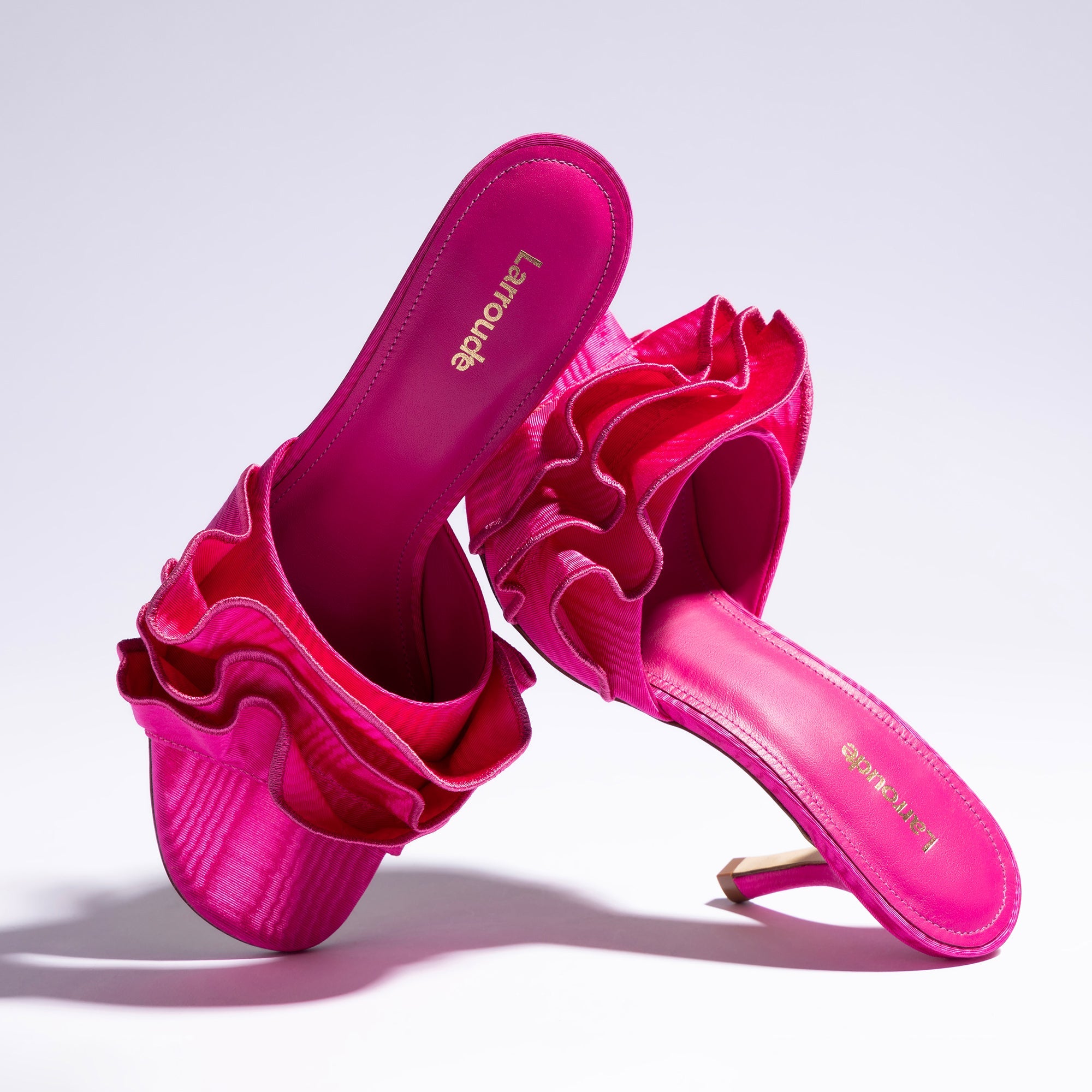 Colette Ruffle Sandal In Magenta Fabric by Larroudé