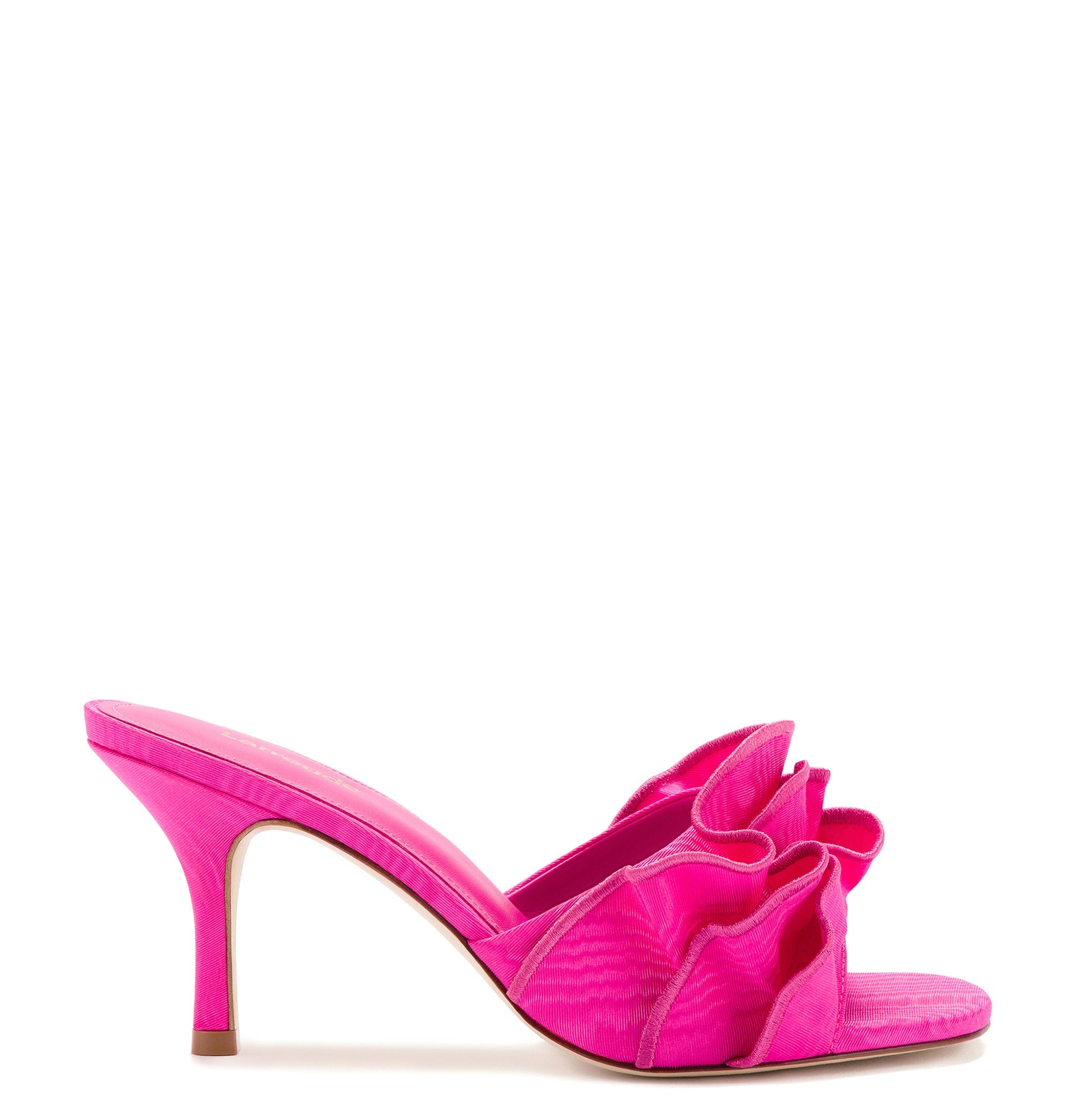 Colette Ruffle Sandal In Magenta Fabric by Larroudé