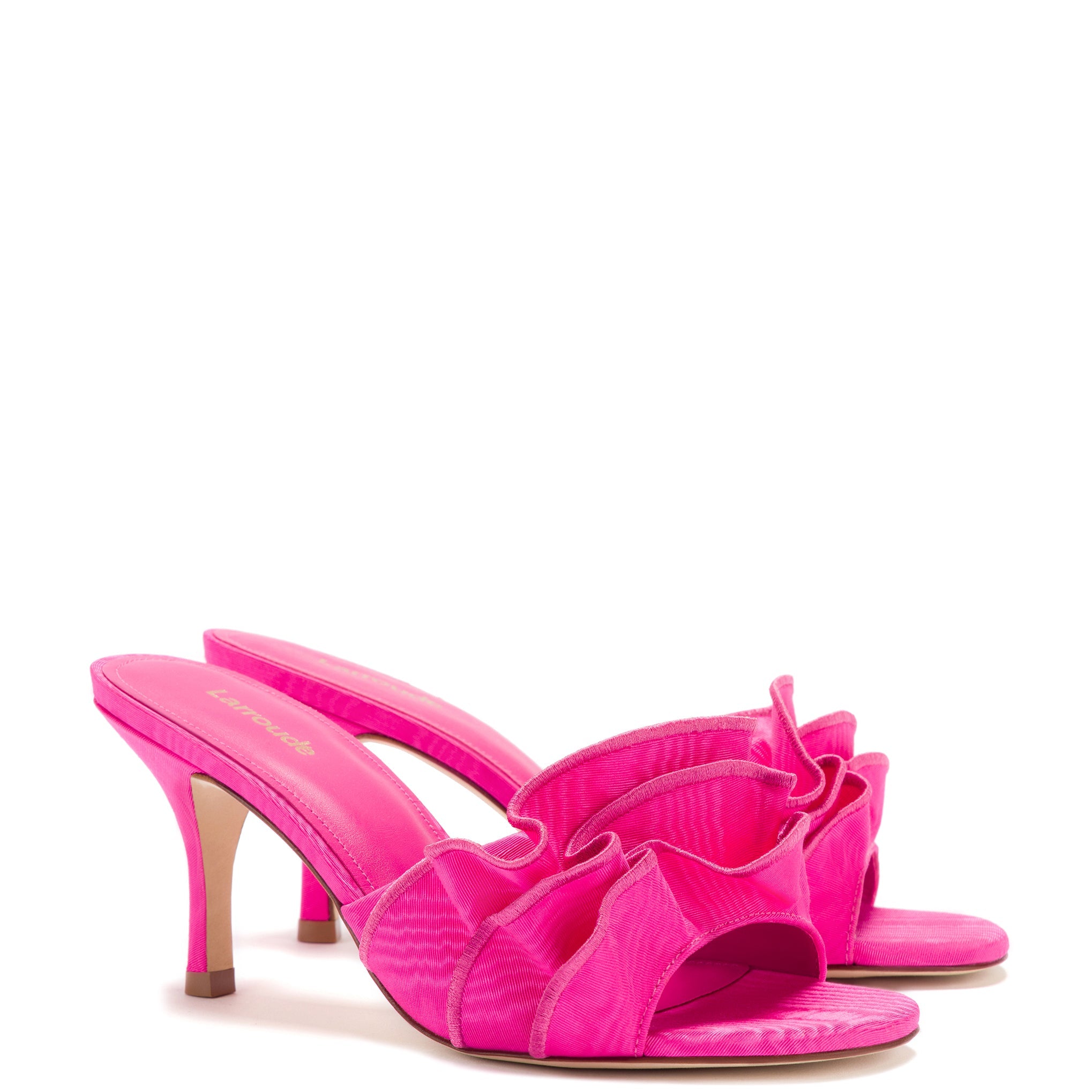 Colette Ruffle Sandal In Magenta Fabric by Larroudé