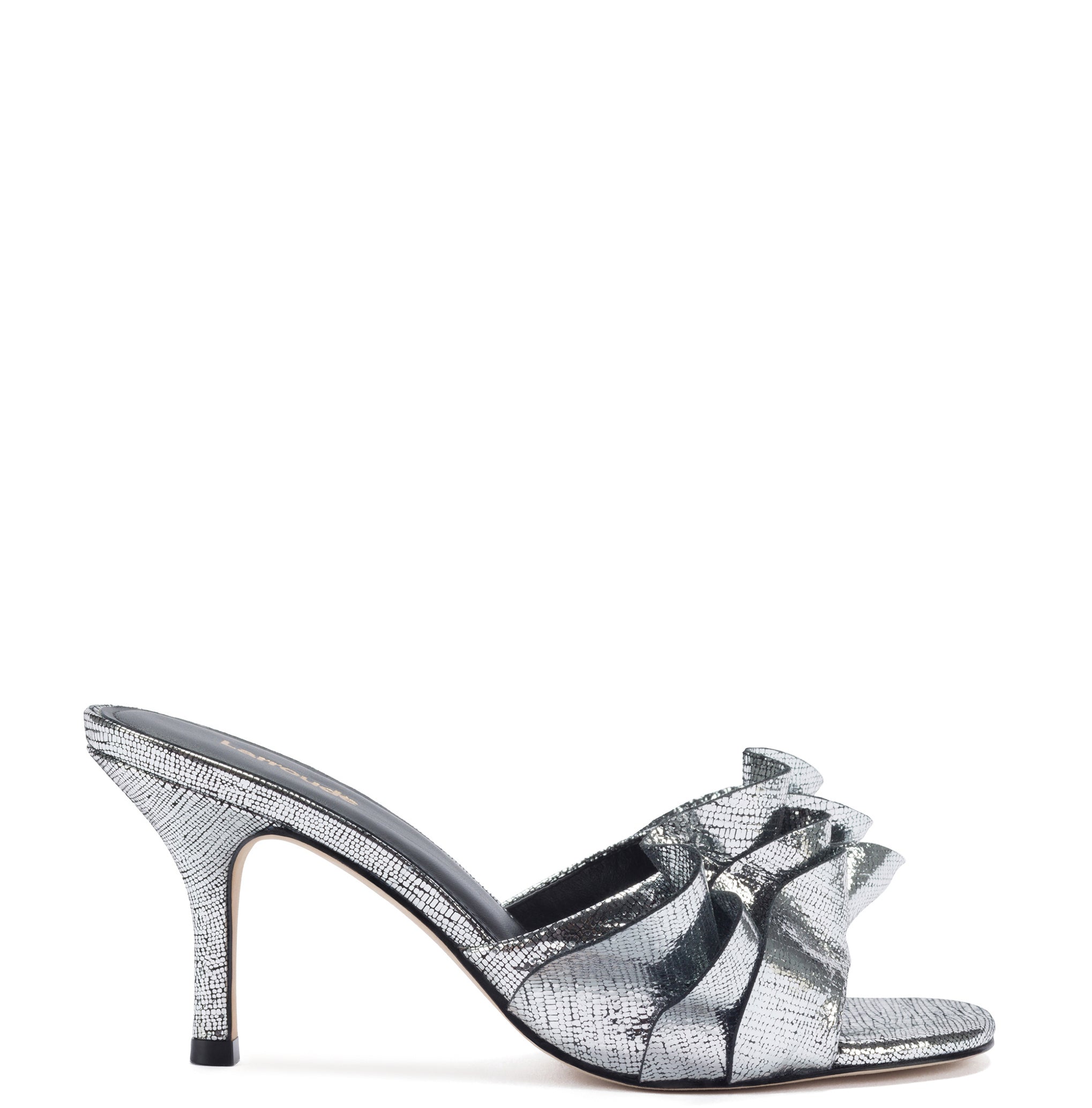 Colette Ruffle Mule In Silver Cracked Metallic Leather by Larroudé