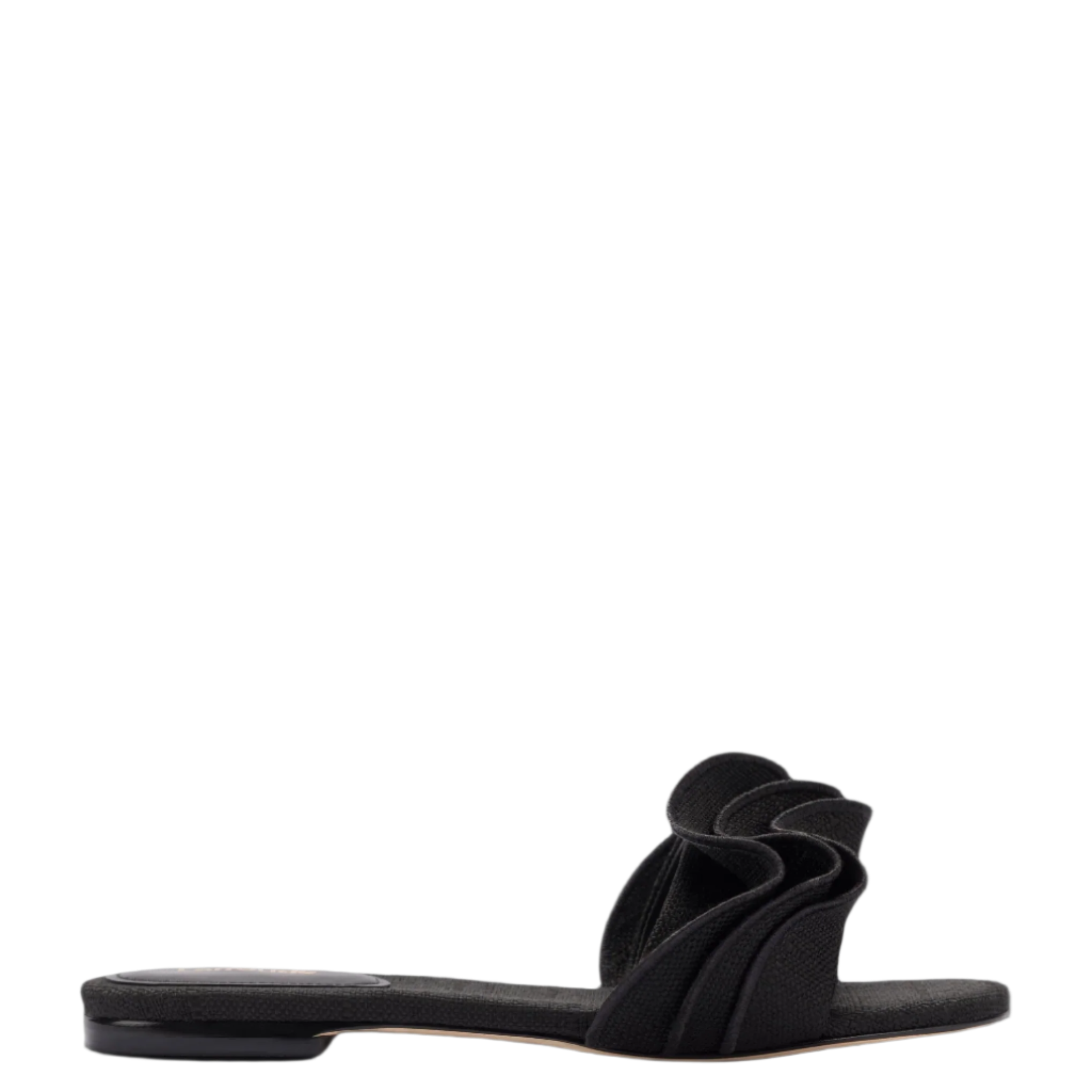 Ivy Ruffle Flat Mule In Black Raffia by Larroudé