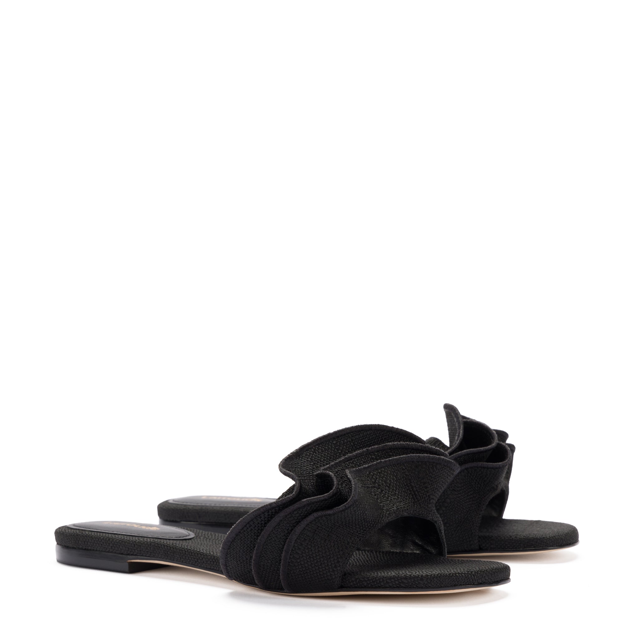 Ivy Ruffle Flat Mule In Black Raffia by Larroudé