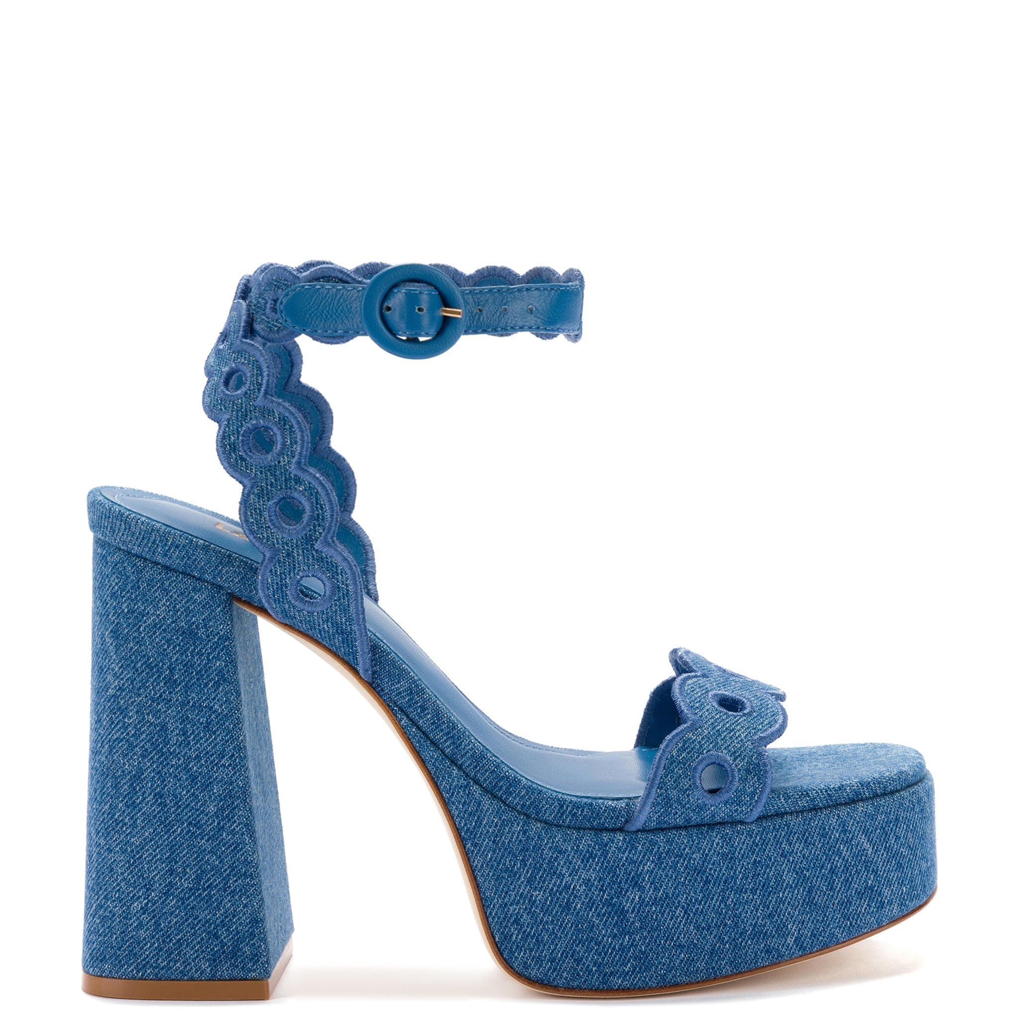 Dolly Broderie Sandal In Blue Stoned Denim by Larroudé