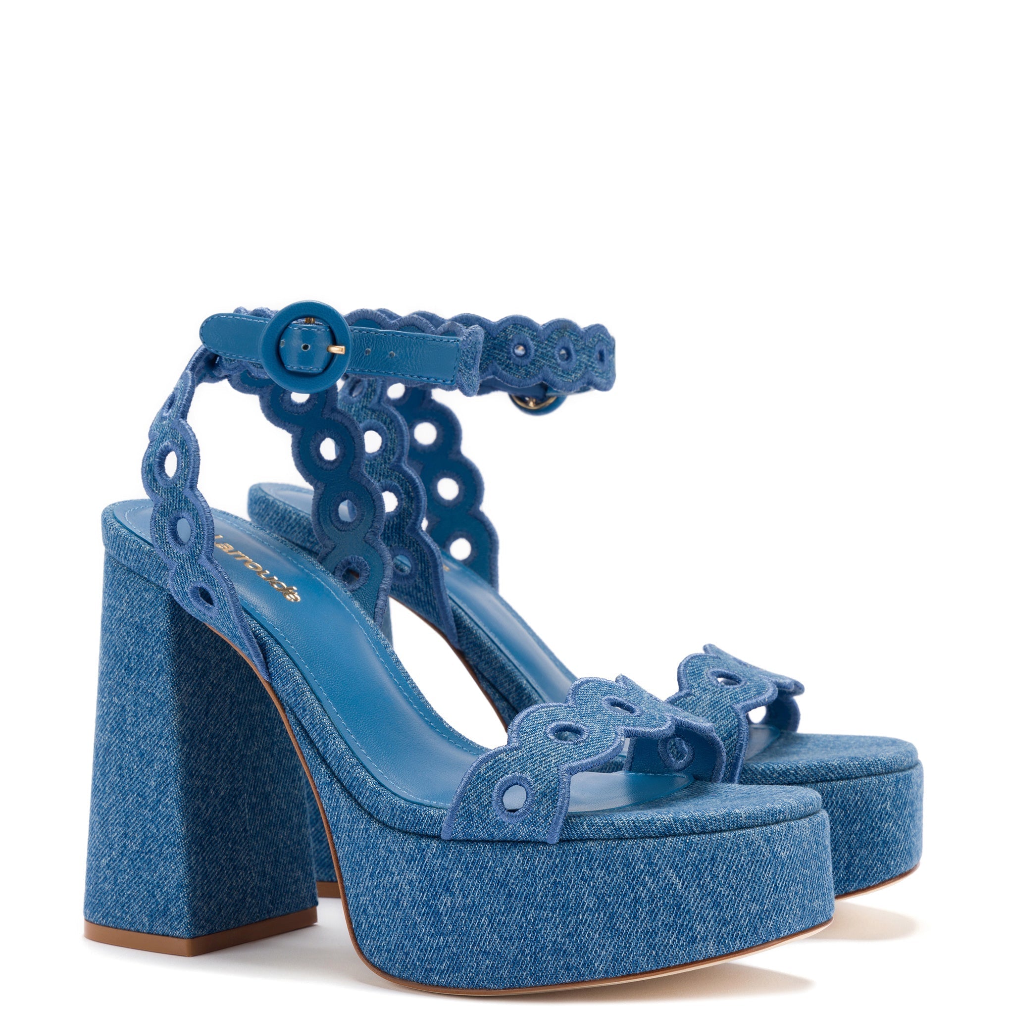 Dolly Broderie Sandal In Blue Stoned Denim by Larroudé