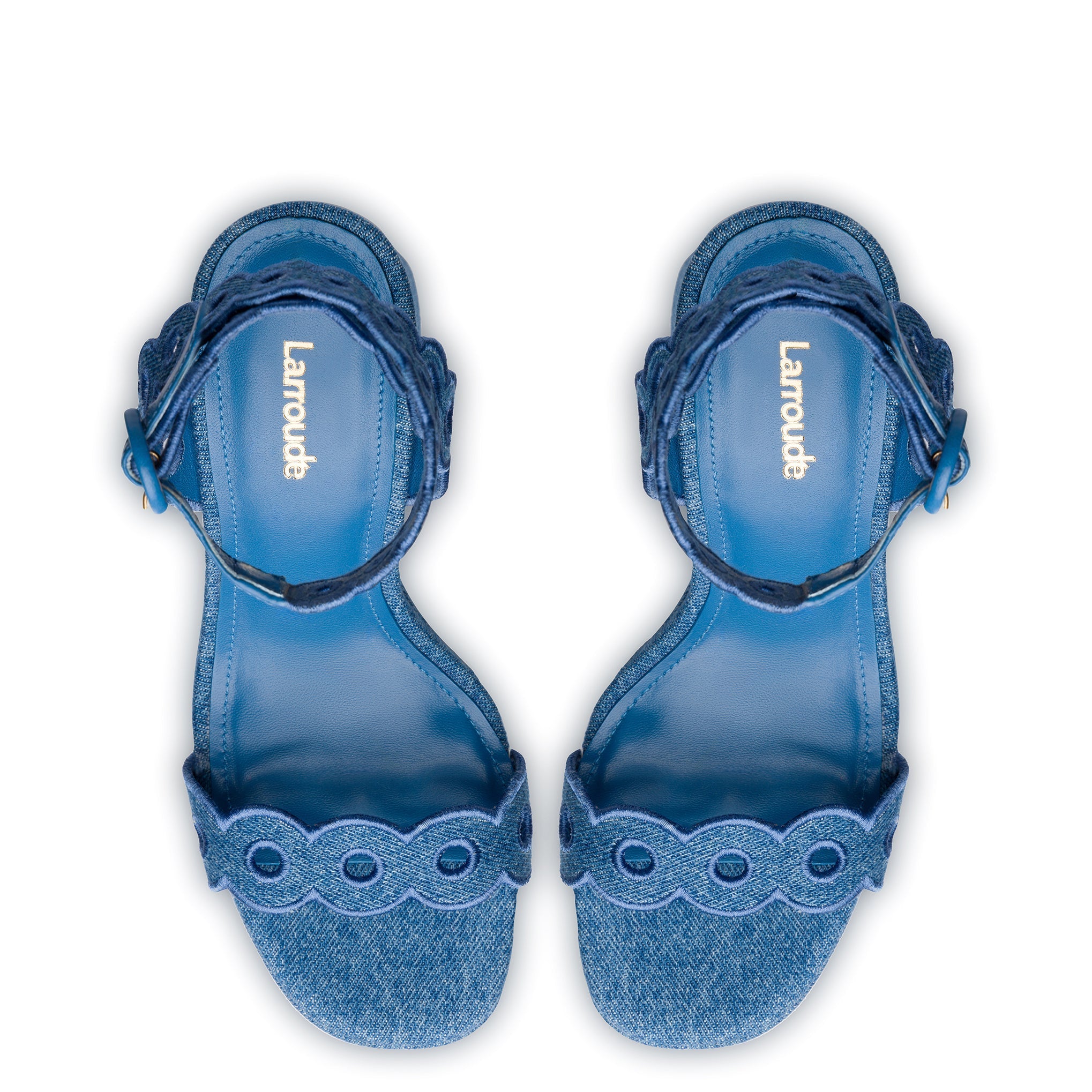 Dolly Broderie Sandal In Blue Stoned Denim by Larroudé