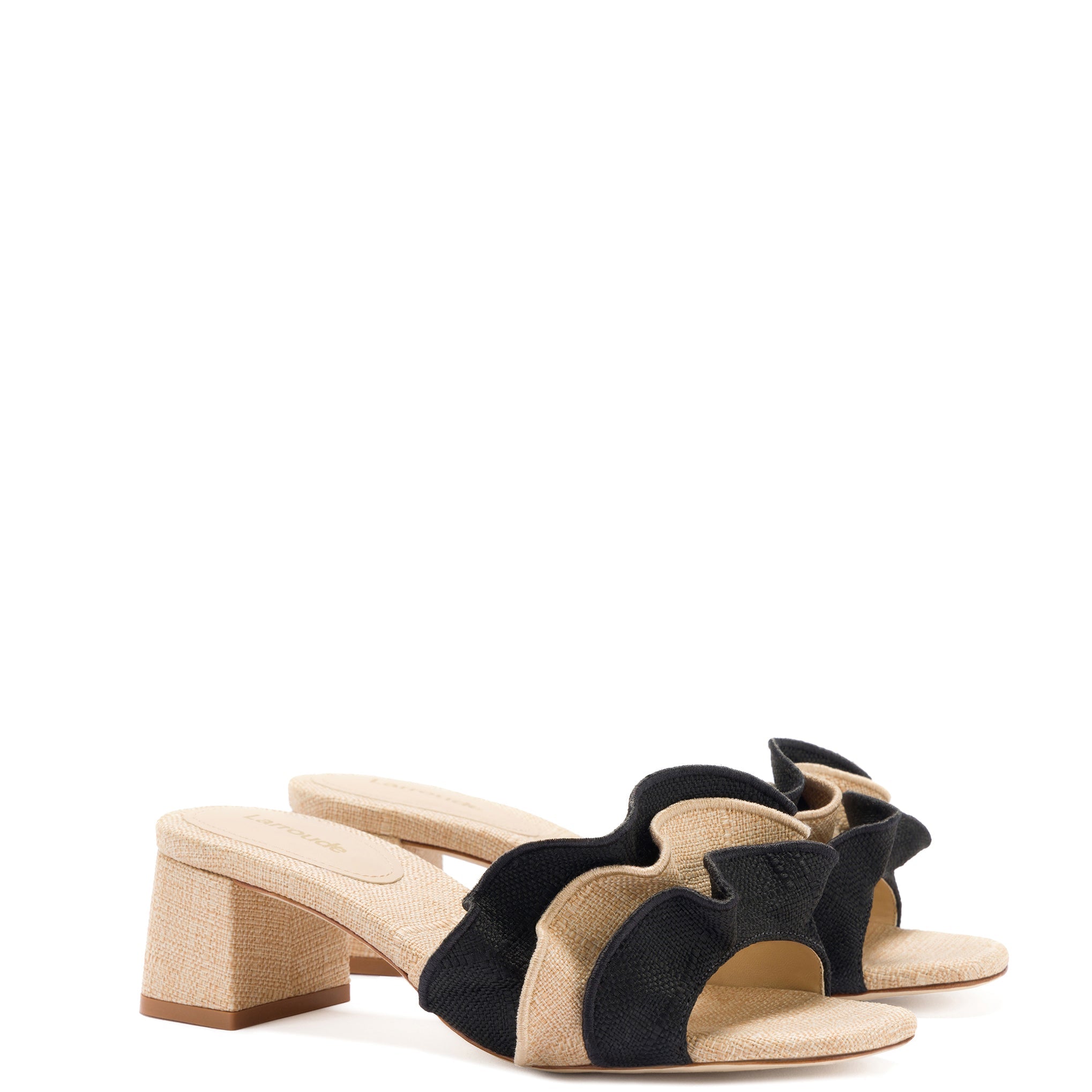 Brigitte Ruffle Mule In Beige and Black Raffia by Larroudé