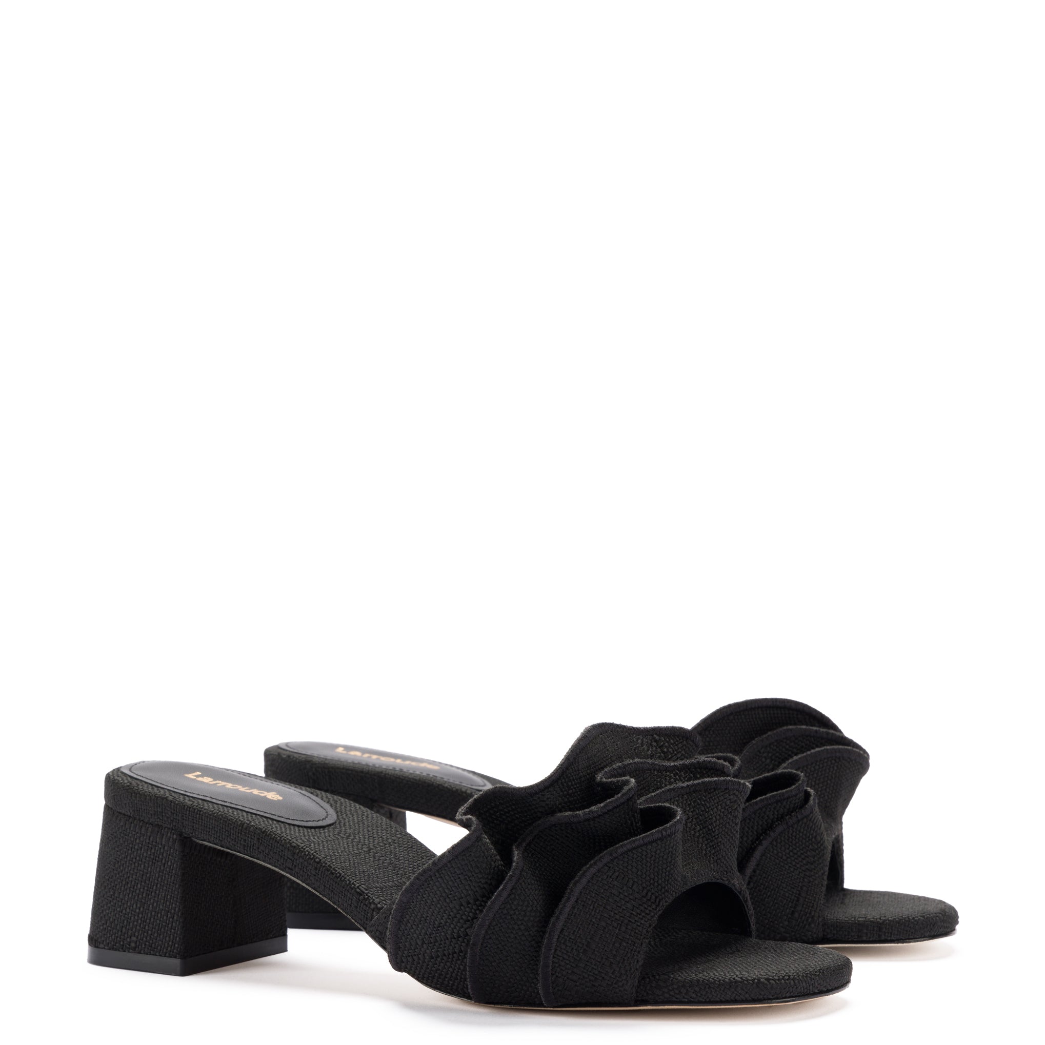 Brigitte Ruffle Mule In Black Raffia by Larroudé