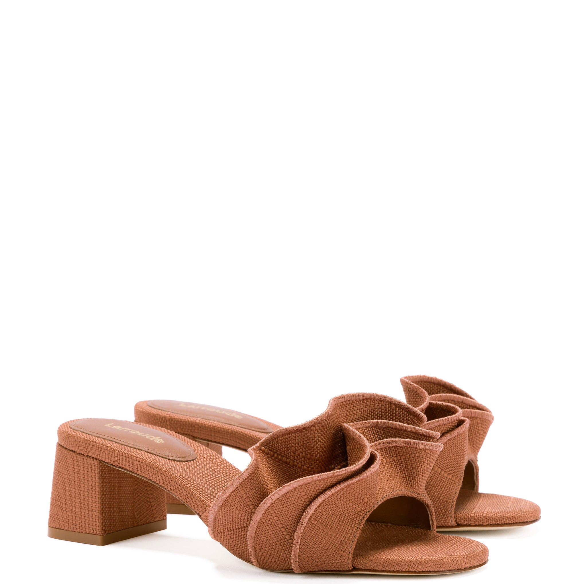 Brigitte Ruffle Mule In Caramel Raffia by Larroudé