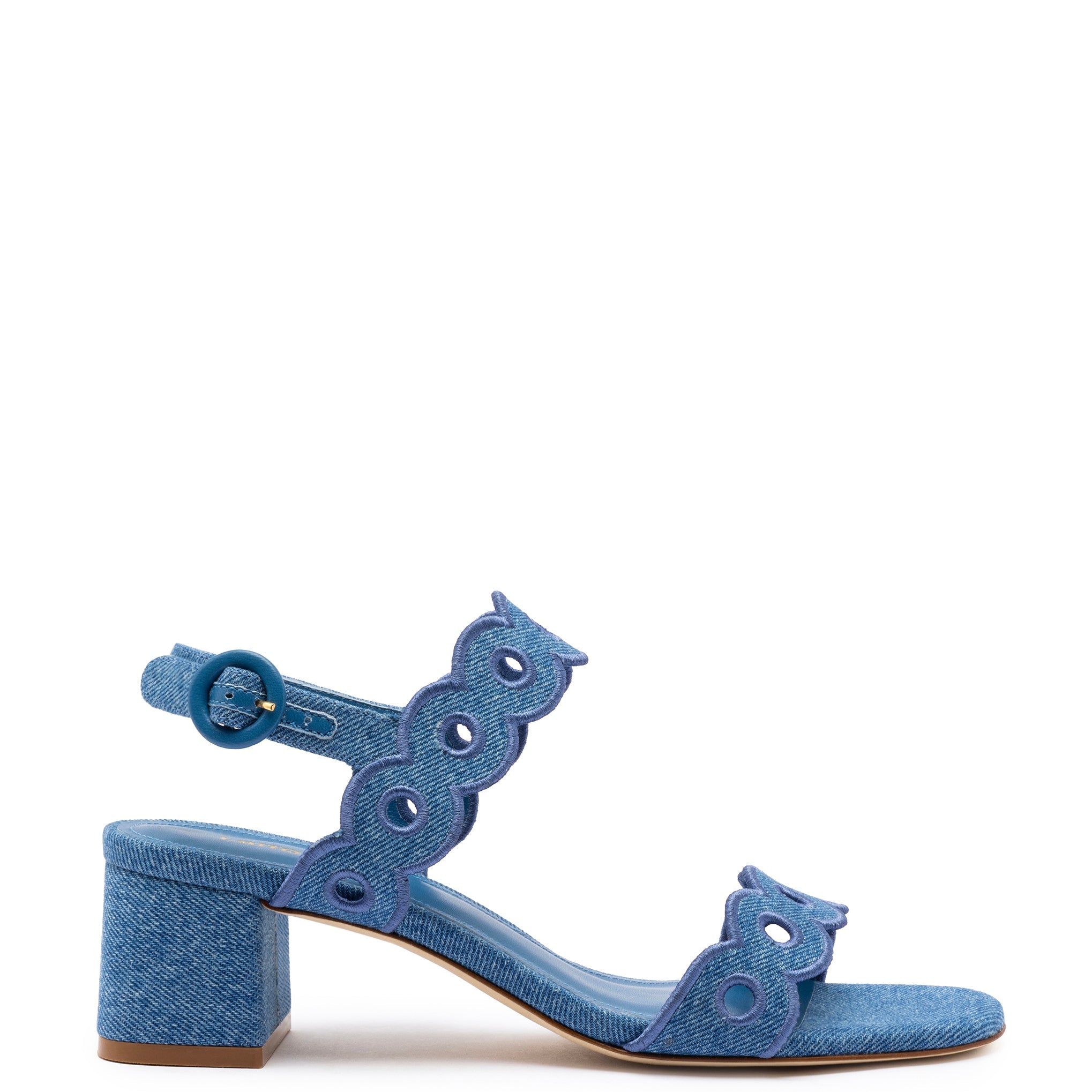 Florence Broderie Sandal In Blue Denim by Larroudé